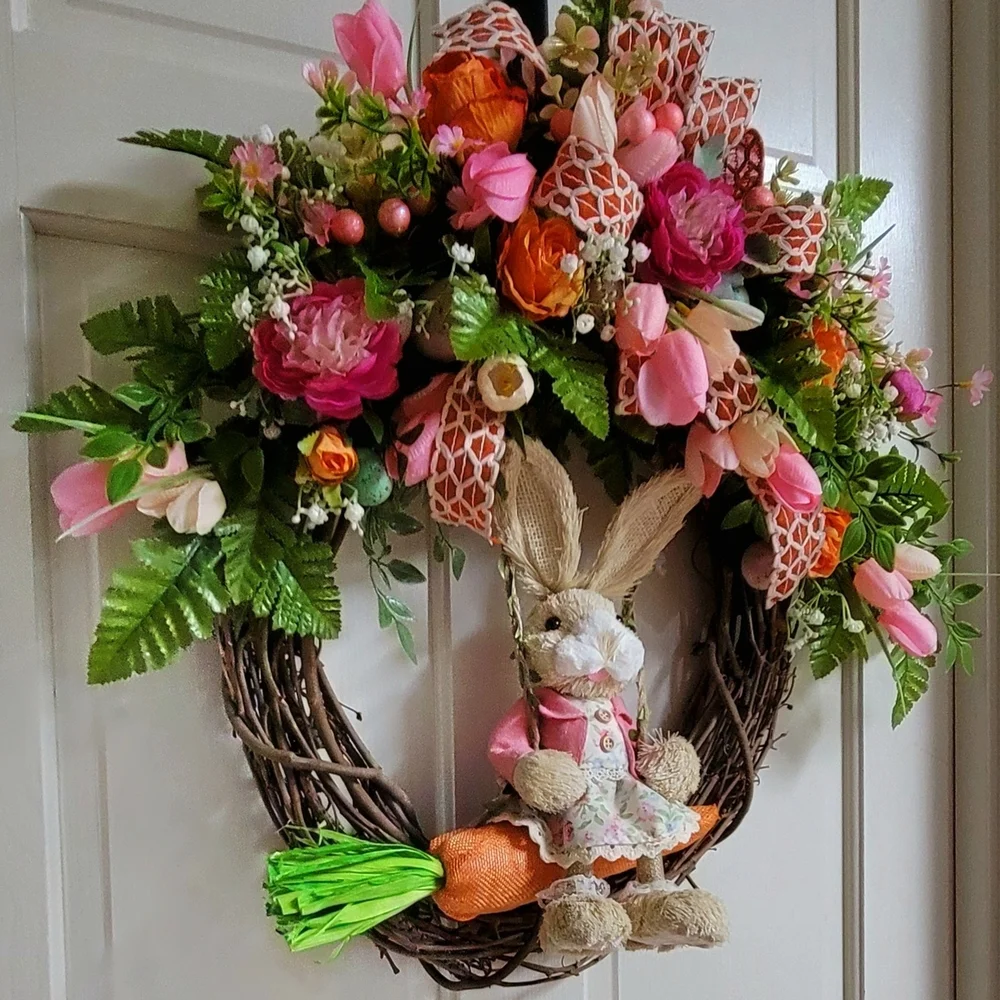 Spring Bunny Floral Door Wreath - Pink & Orange